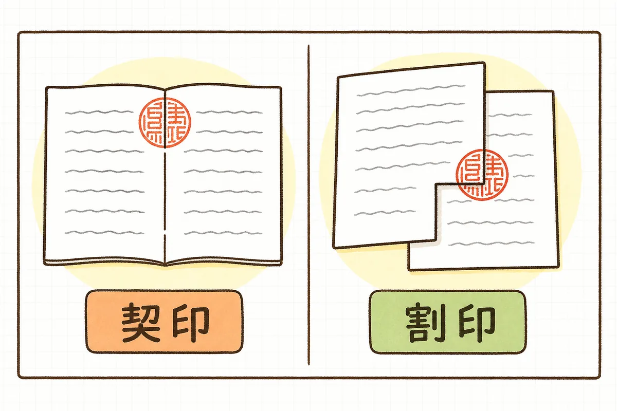 契印は1冊の契約書のページの境目に、割印は2通の契約書にまたがって押すことを並べて示した図