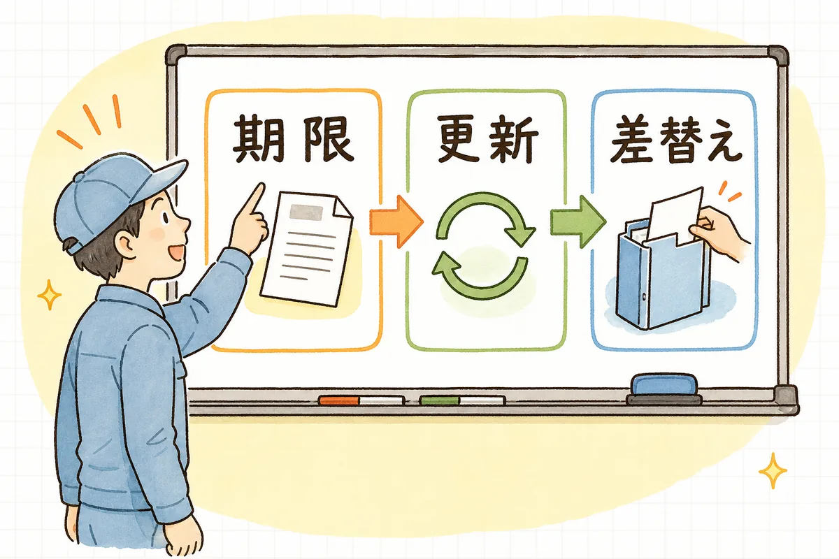期限・更新・差し替えという3つの段階が左から右へ並ぶ確認の流れを指でたどる産廃の実務担当者