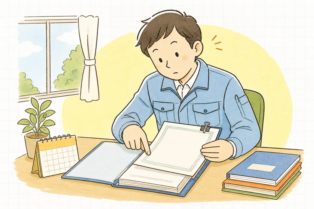 委託契約書のファイルを開き、添付された許可証の写しの有効期限を指でたどって確かめる産廃の実務担当者