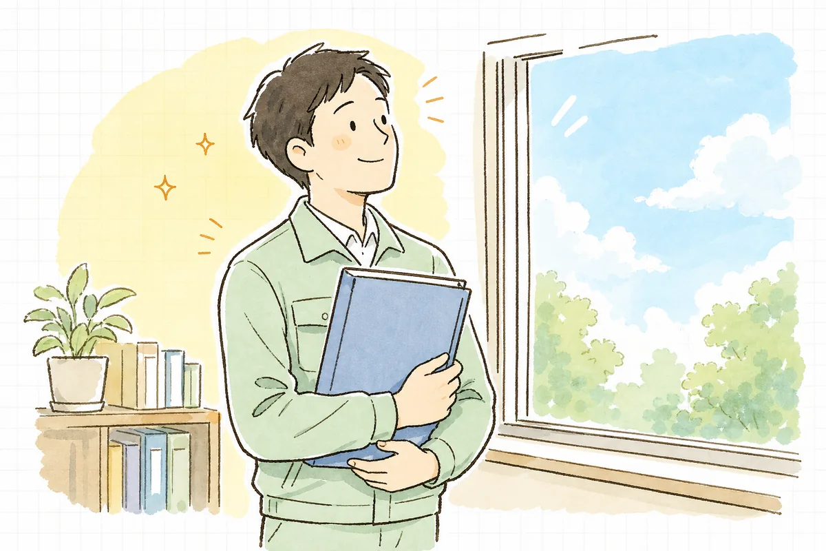 契約書ファイルを整え、窓辺で明るい空を眺めて穏やかに一息つく産廃の実務担当者