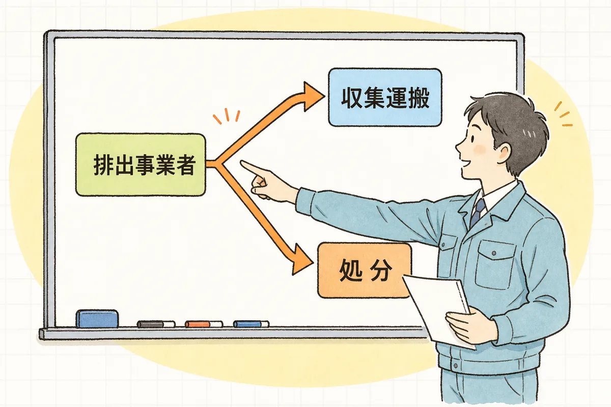 排出事業者から収集運搬と処分の2つの矢印が別々に伸びる図を指し示し、契約の相手を確かめる事務担当者
