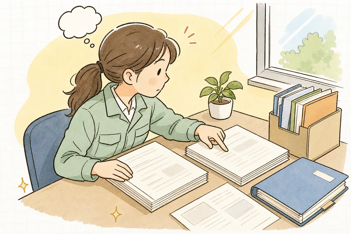収集運搬用と処分用の2枚の委託契約書を並べ、どちらの形にするか手元で見比べる産廃の事務担当者