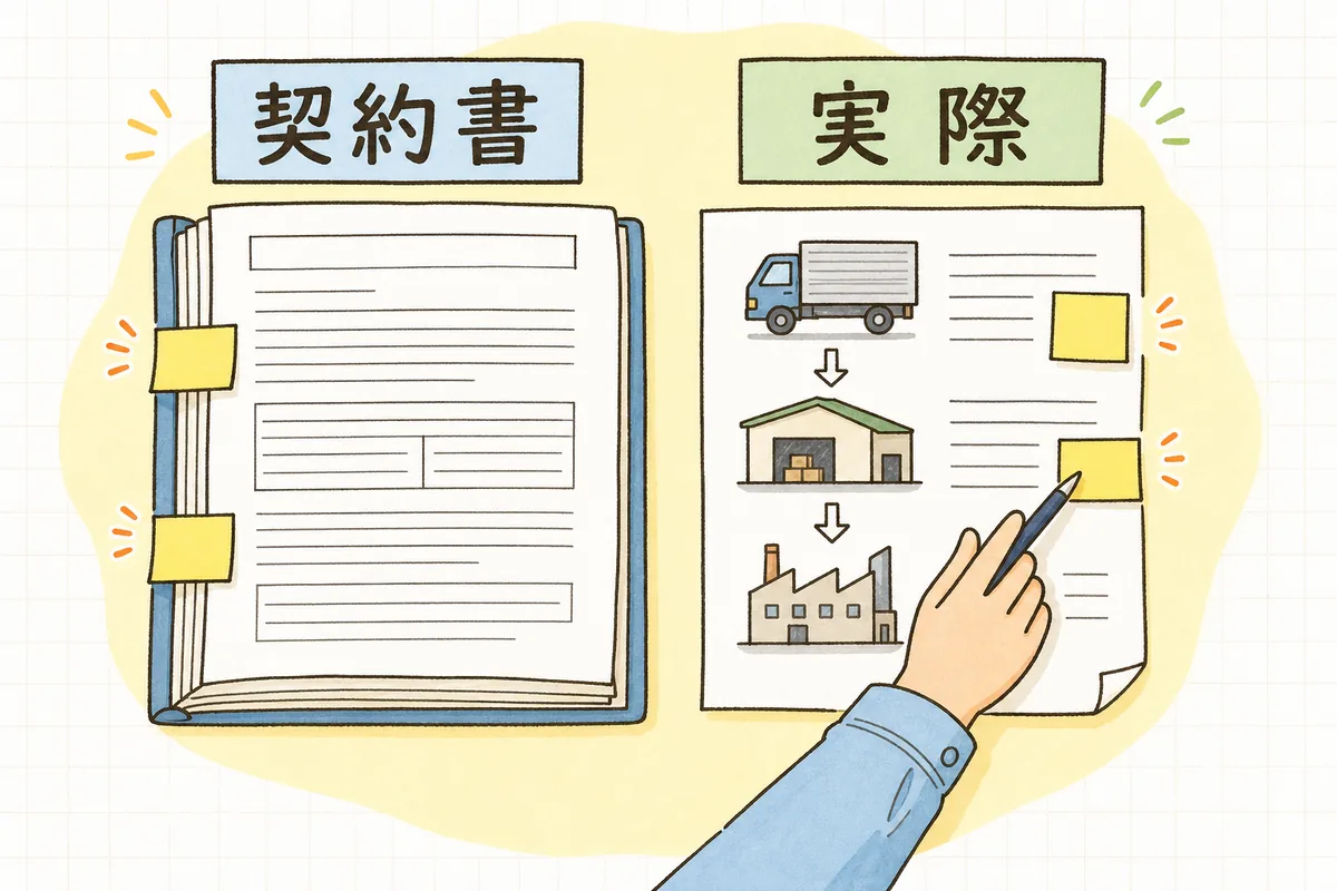 机の左に開いた委託契約書、右に処理の流れを書いたメモを並べ、違っている箇所に付箋を貼って見比べている様子