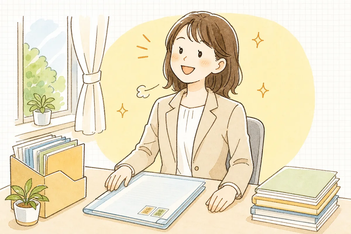 印紙を貼り消印を済ませた契約書を整え、迷いが晴れて穏やかな表情になった事務担当者