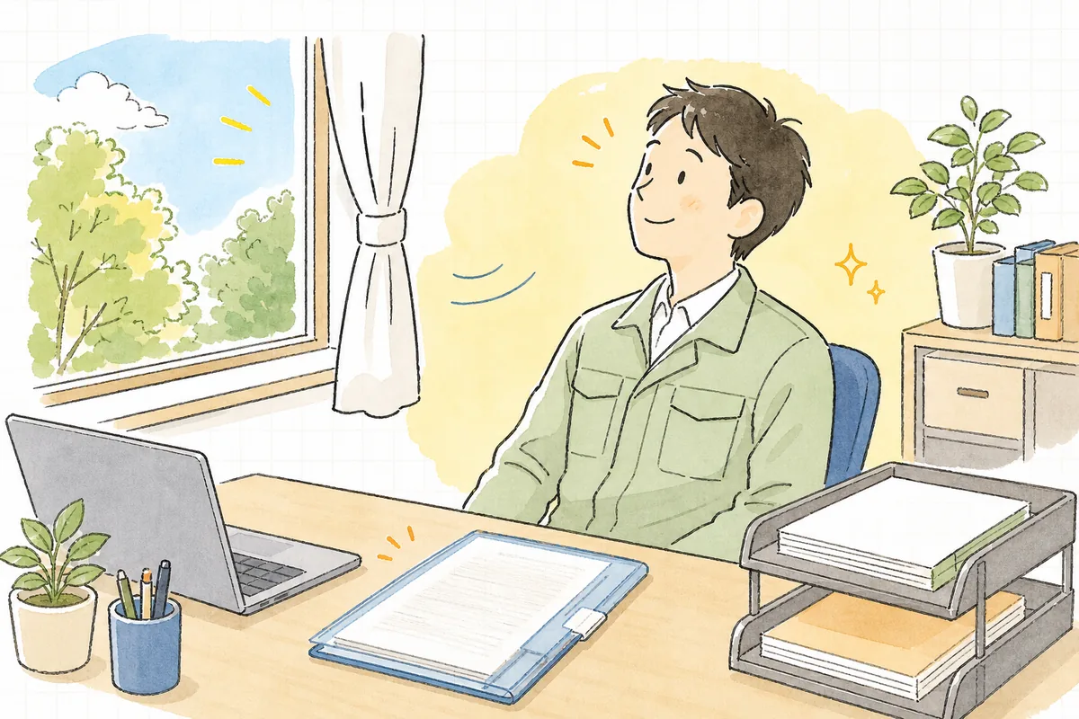 日付を確認し終えた委託契約書をファイルに整え、事務所の窓辺で穏やかに一息つく排出事業者の担当者