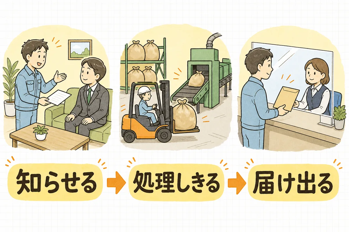 取引先に書面を手渡して説明する場面、処理施設で残りの廃棄物を処理している場面、役所の窓口に書類を提出する場面の3つを左から並べた図