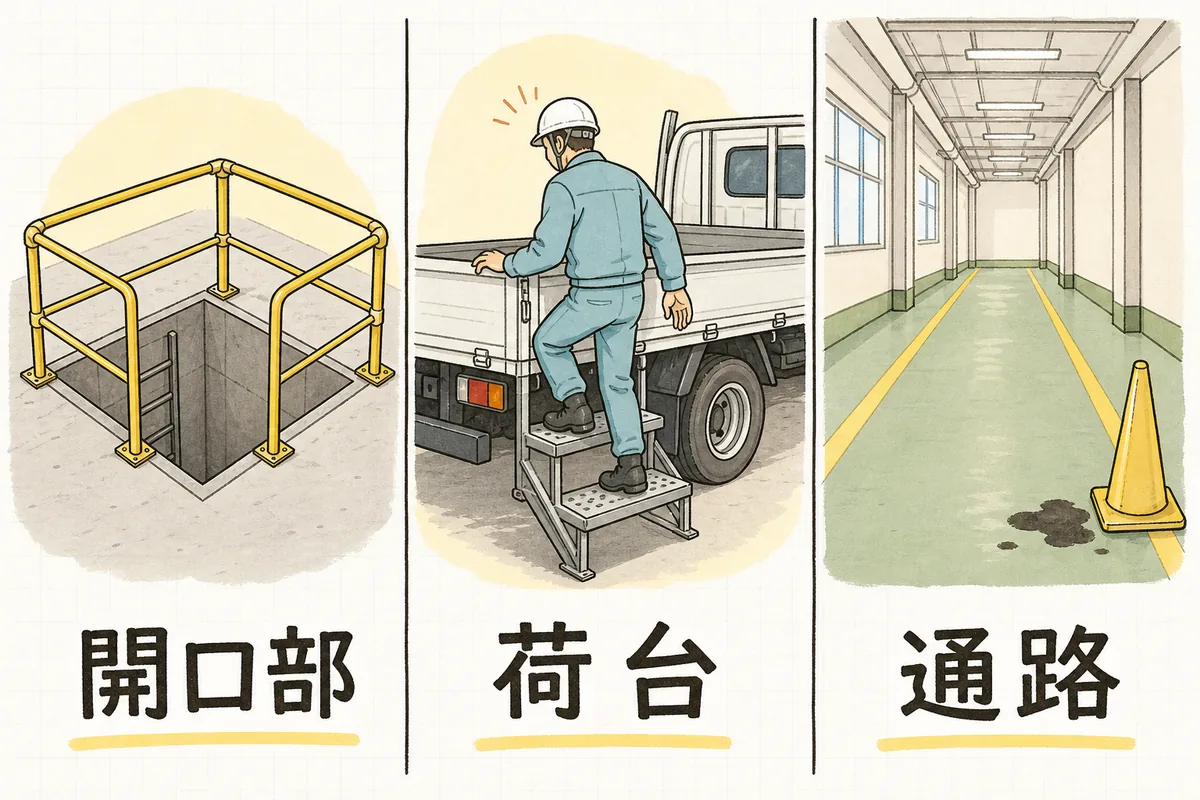 産廃現場で転倒・墜落が起きやすい場所を3つの列に分けた図。左は手すりで囲われたピットの開口部、中央は昇降ステップを使ってトラックの荷台から降りる作業員、右は床の油汚れの横に置かれた注意表示と、整頓された通路