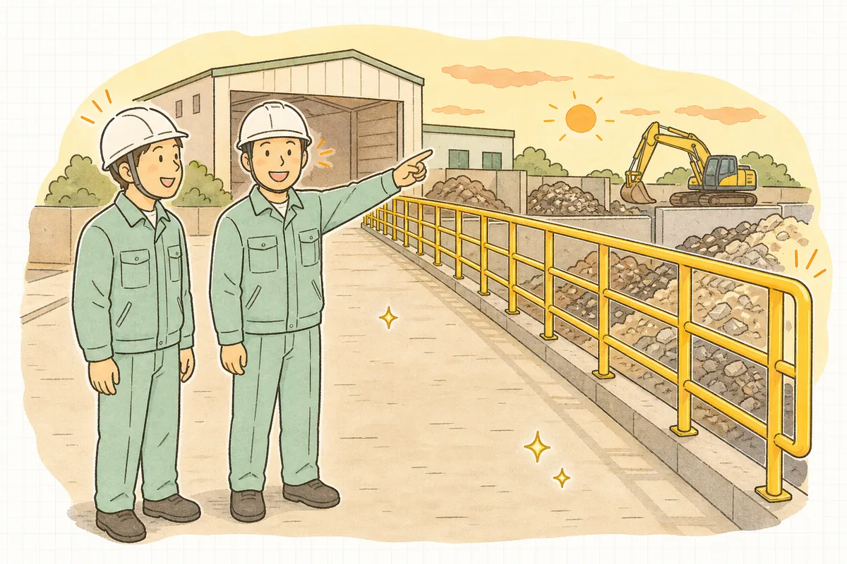 夕方の産廃処理ヤードで、新しく取り付けた黄色い手すりのそばに立つ作業員2人が、整頓された通路を見渡しながら笑顔で言葉を交わしている場面