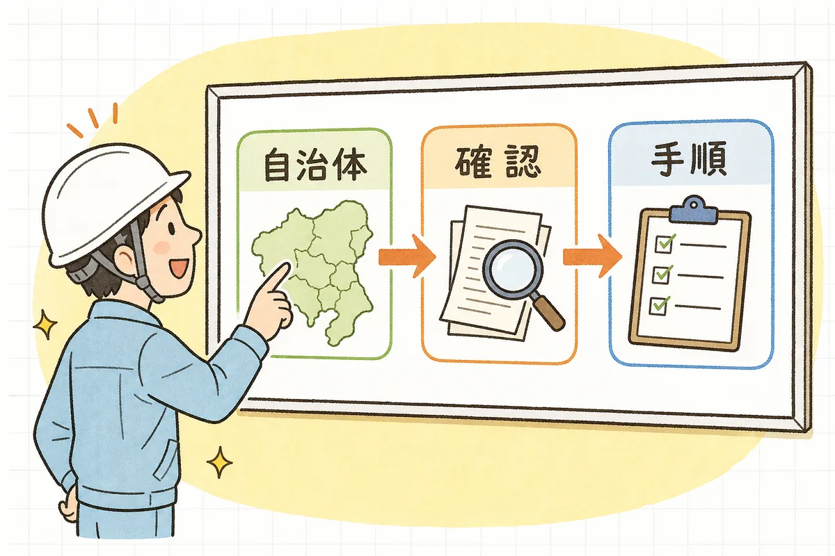 自治体・確認・手順という3つの段階が左から右へ並ぶ条例チェックの流れを指でたどる産廃の現場担当者
