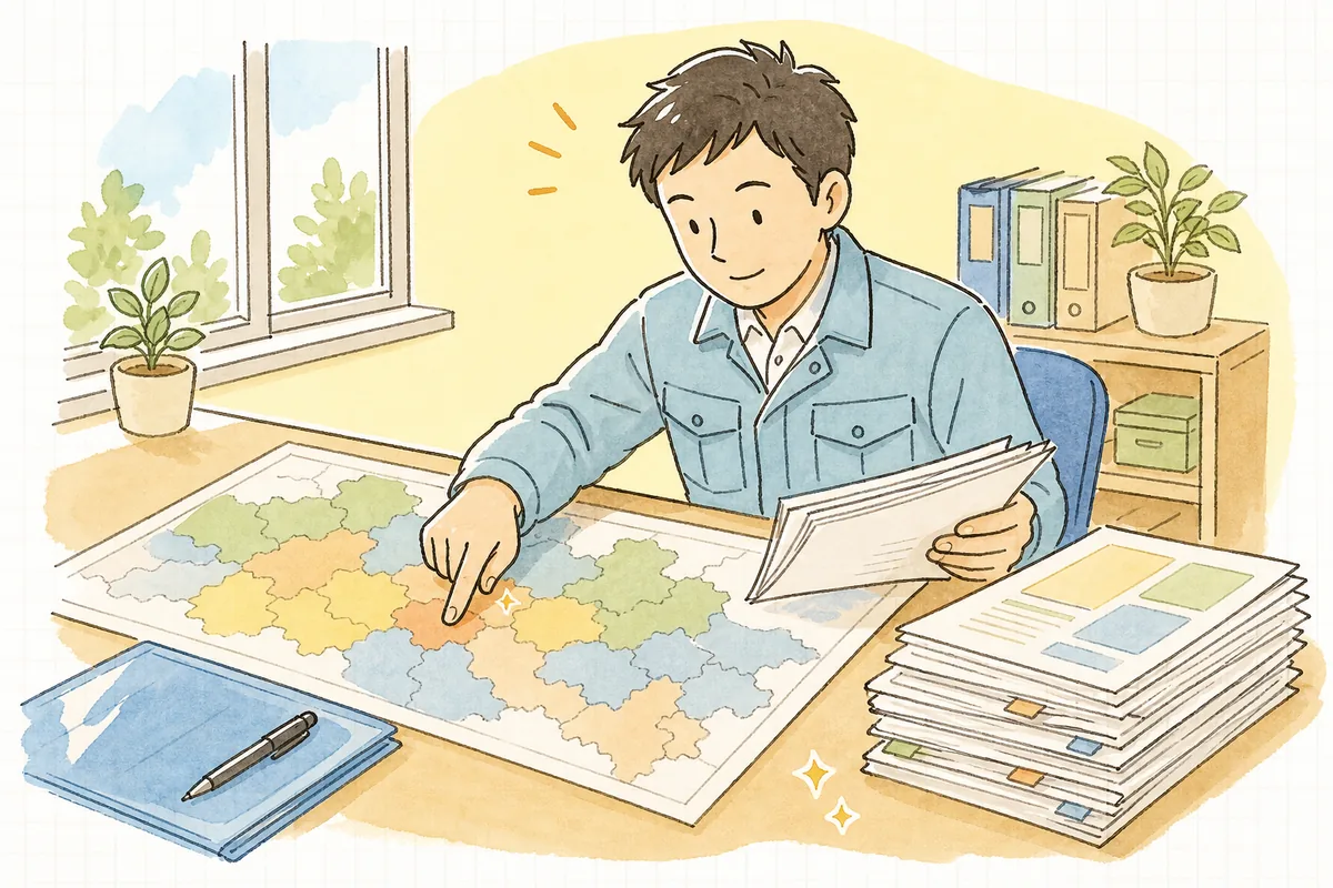 複数の自治体名が並んだ地図と条例の資料を机に広げ、地域ごとの違いを確かめる産廃の現場担当者