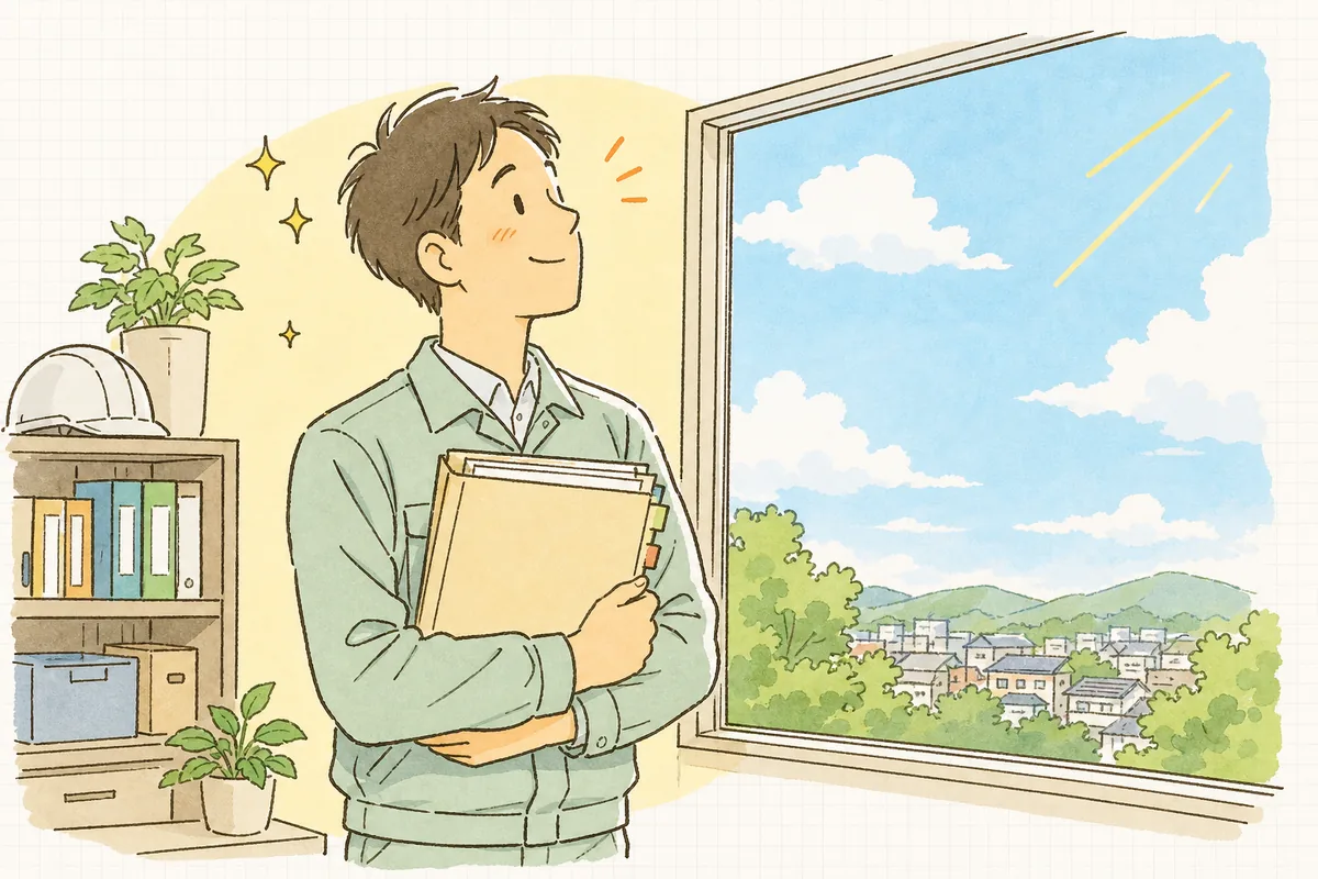 地域ごとの確認を終えた資料を手に、窓辺で明るい空を見上げて穏やかに一息つく産廃の現場担当者