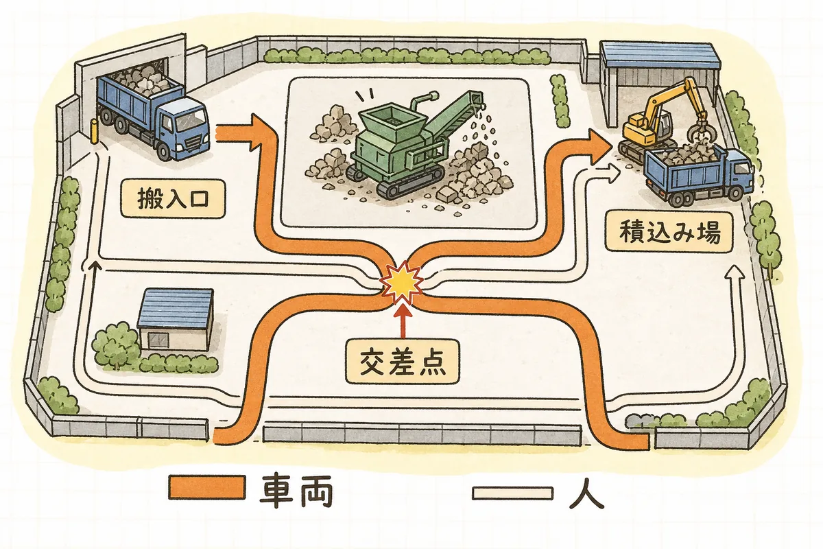 車両ルートと人の通路が別々の線で描かれ、交わる一か所にルールを置いたヤードの動線図