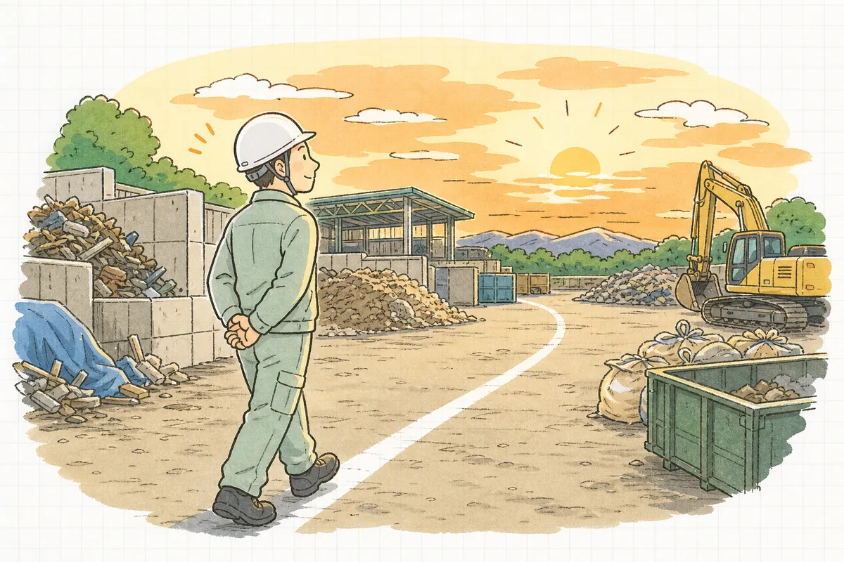 一日の作業を終えたヤードで、区画線に沿って穏やかに歩きながら現場を見渡す産廃の現場担当者