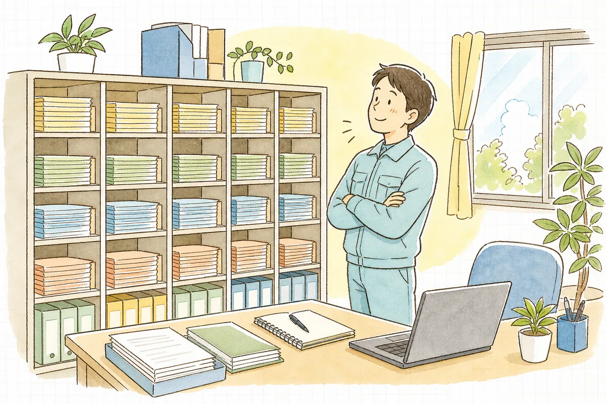 種類ごとにきれいに並んだ伝票の棚を見渡し、補充を終えてほっとした表情で一息つく廃棄物管理の担当者