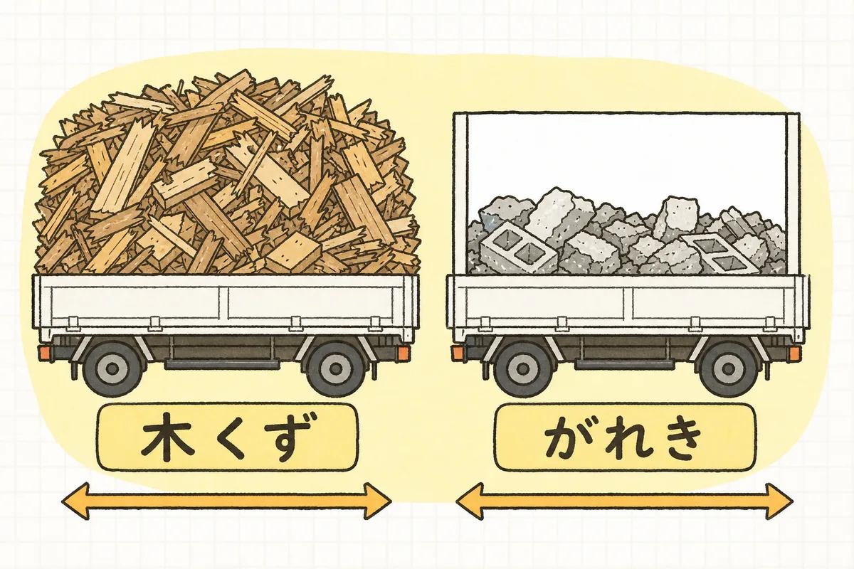 同じ大きさのトラックの荷台に、木くずを荷台いっぱいに積んだ場合と、がれきを荷台の半分ほどまで積んだ場合を左右に並べて、重さが同じくらいになることを示した図