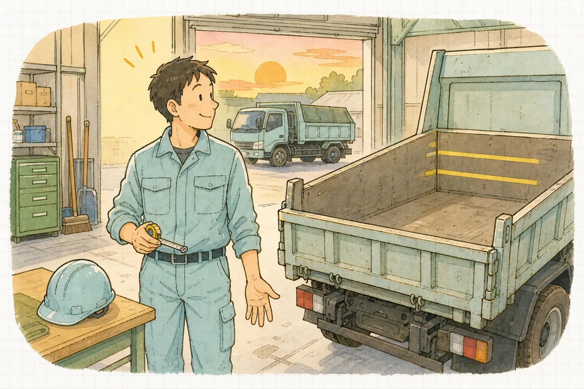 夕方の車庫で、荷台に積載の目安となる印を付け終えたトラックのそばに立ち、ほっとした表情でメジャーを手にしている収集運搬会社の担当者