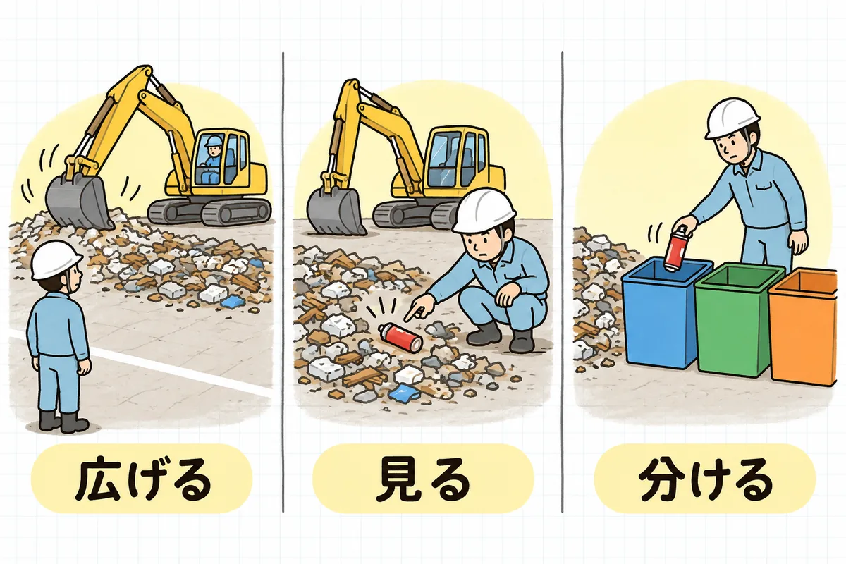 建設混合廃棄物の展開検査を、広げる・見る・分けるの3つの場面に分けて並べた図