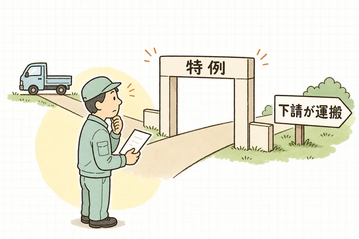 下請が自ら少量の産廃を運べる特例には、元請の書面による承諾など一定の条件があることを示すイメージ図