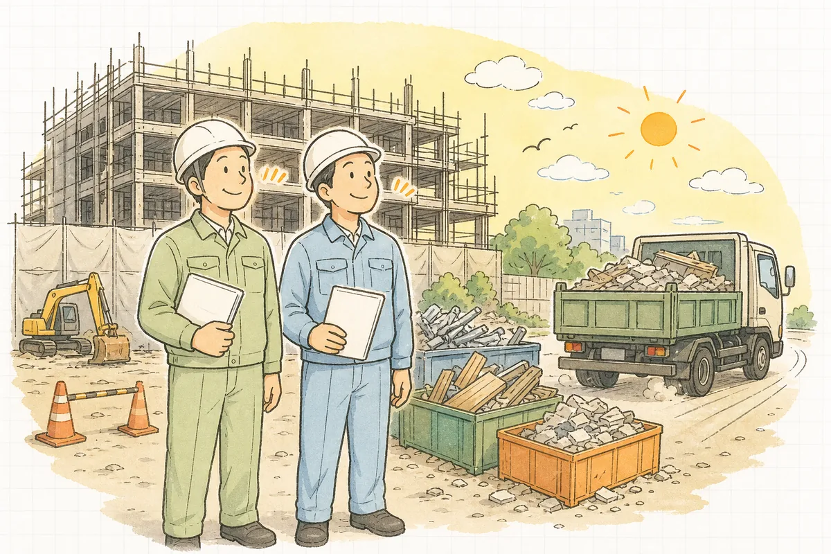 交付者の役割を確認し終え、建設現場で元請と下請の担当者が同じ方向を向いて穏やかに一息つく情景