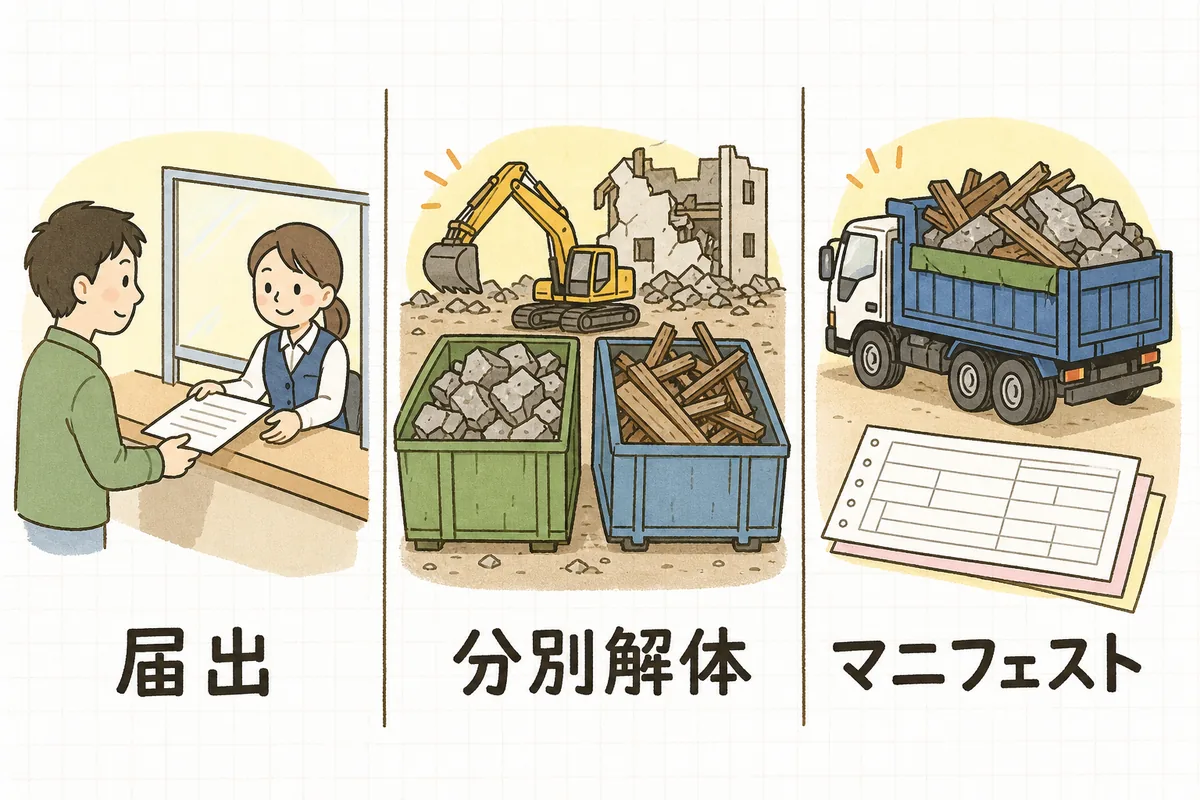 届出・分別解体・マニフェストという3つの手続きを横並びに示した図