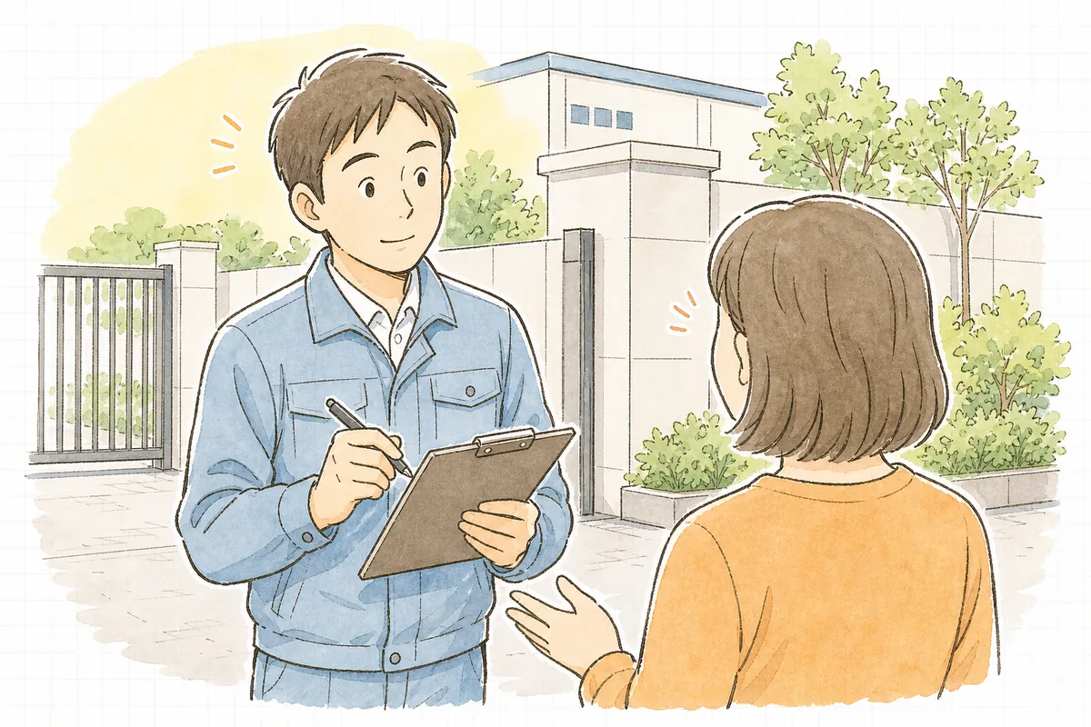 施設の出入口付近で近隣住民からの臭気・騒音の指摘を受け止め、真剣な表情でメモを取りながら耳を傾けている産廃施設の担当者