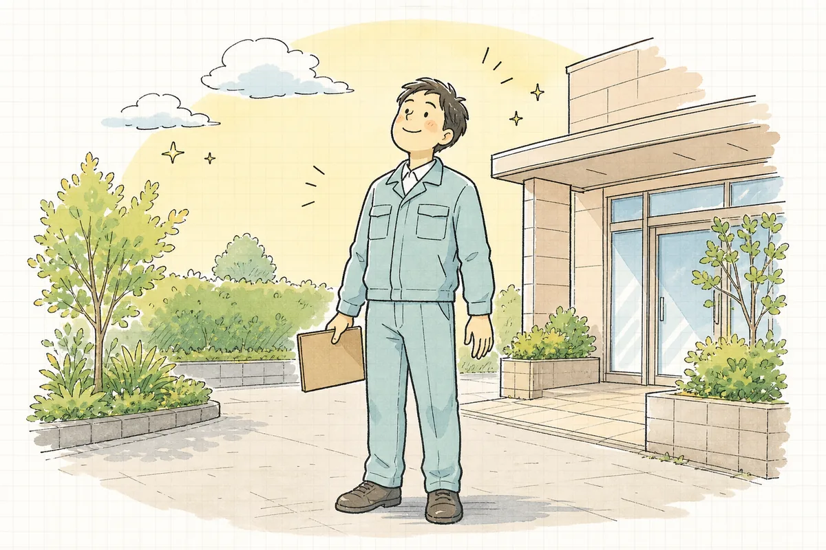 近隣への対応を終え、記録をまとめたあと、施設の前で穏やかに前を向く担当者