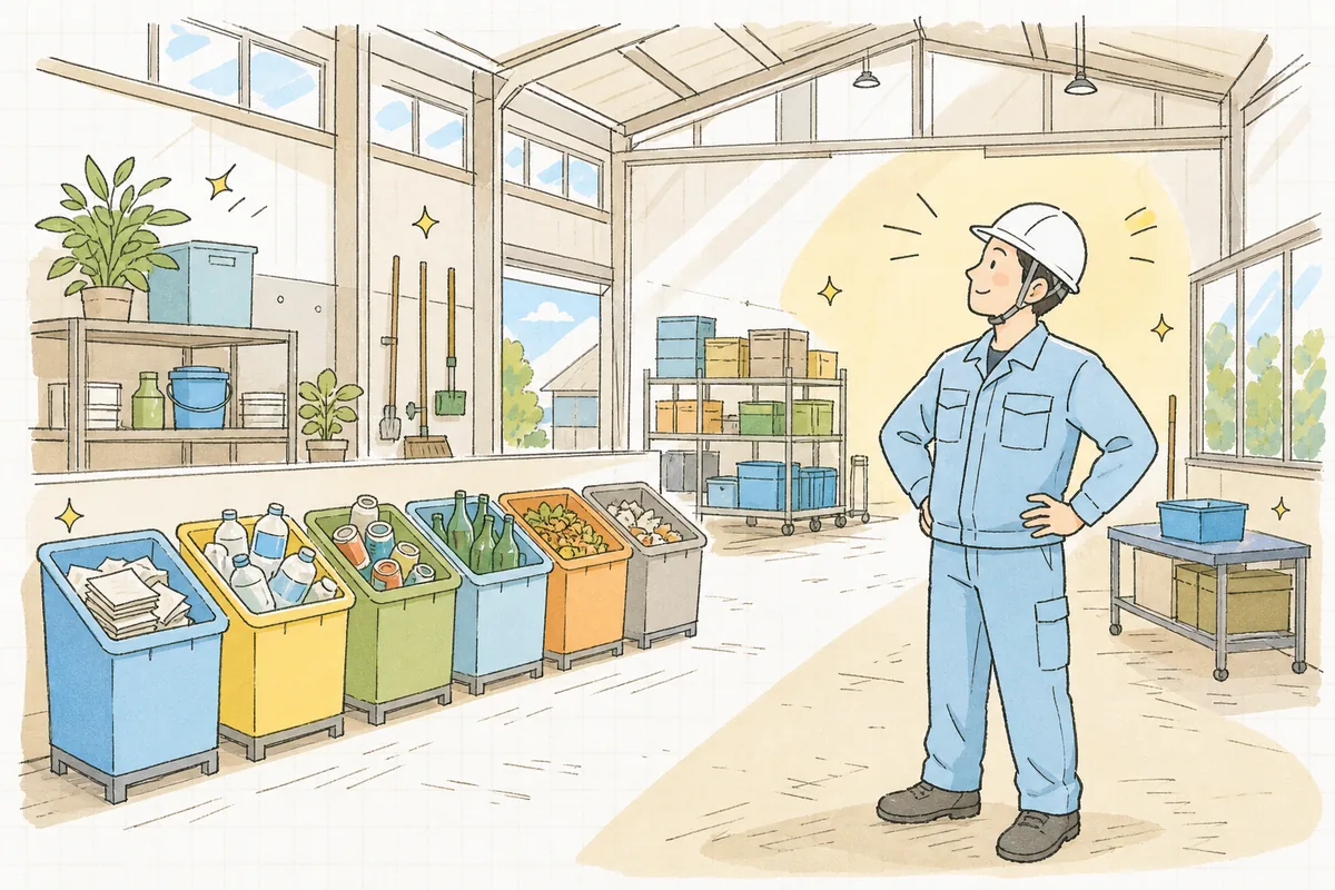 種類ごとに整った分別容器を前に、片づいた作業場を見渡して穏やかに一息つく産廃の現場担当者