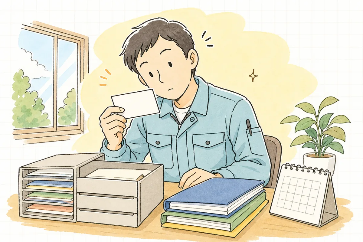 引き出しから取り出した講習会の修了証を手に、有効期間を確かめようとする産廃の現場担当者