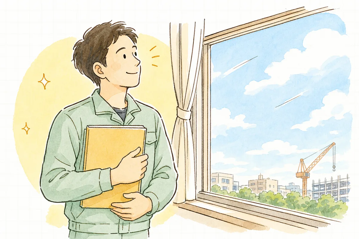 受講の予約を終え、窓辺で明るい空を眺めて穏やかに一息つく産廃の現場担当者