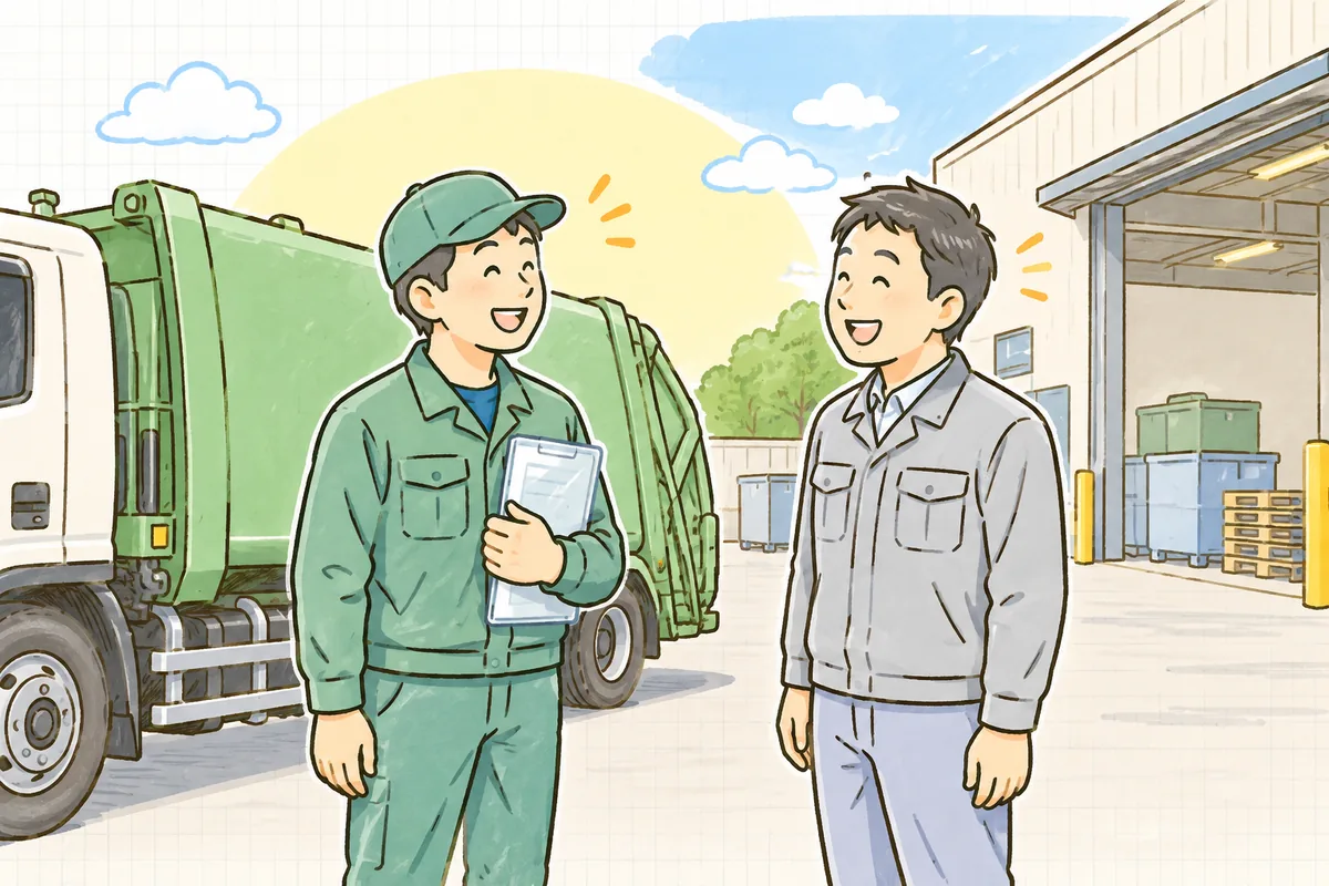 品目が追加された新しい許可証を受け取り、収集車の前で取引先の担当者と笑顔で言葉を交わす産廃の現場担当者