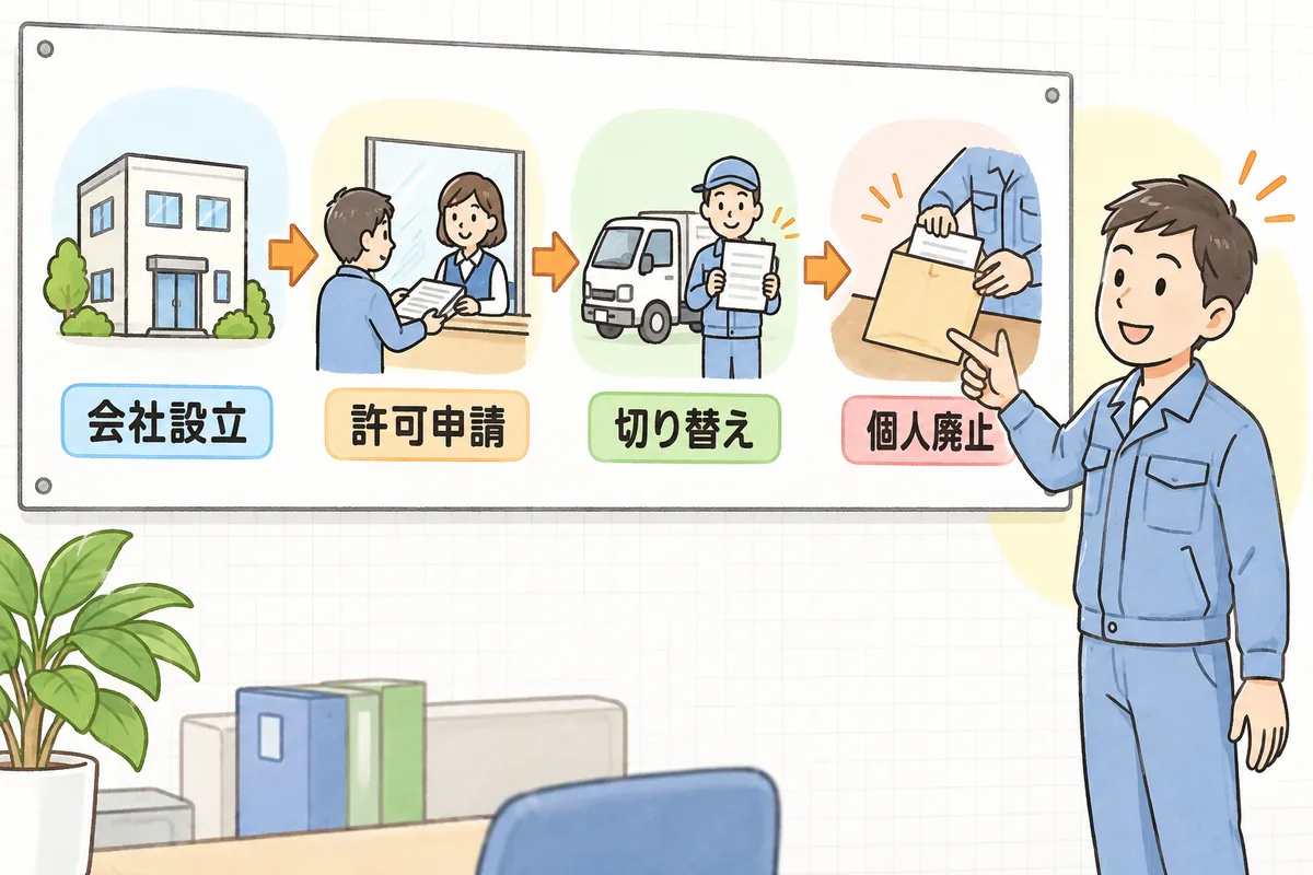 会社設立、許可申請、切り替え、個人廃止の4段階を、左から右へ並んだ4つの場面で確かめる図