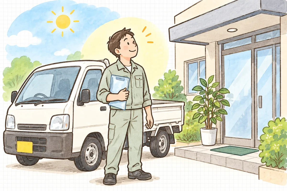 新しい会社の事務所の前で、小型トラックの横に立ち、晴れた空の下で穏やかにほほえむ作業着姿の事業主