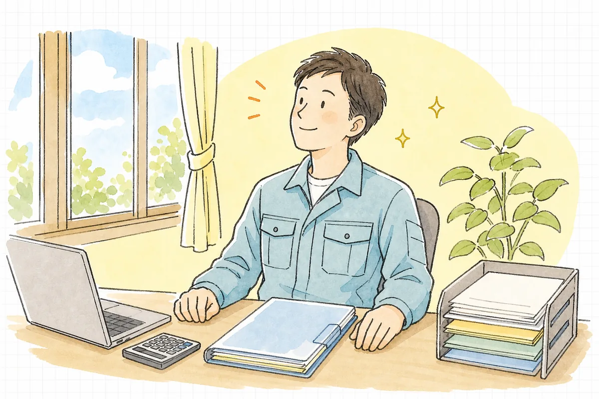 決算書と納税証明書をそろえてファイルにまとめ、事務所の窓辺で穏やかに一息ついている産廃会社の実務担当者