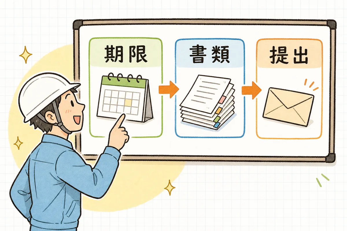 期限・書類・提出という3つの段階が左から右へ並ぶ更新の流れを指でたどる産廃の現場担当者