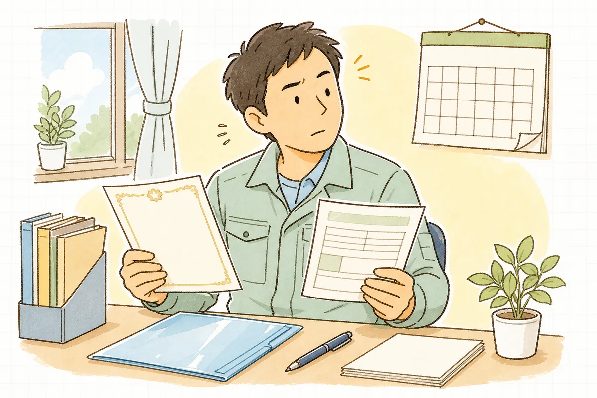 許可証と更新書類をカレンダーの前で見比べ、期限を気にかける産廃の現場担当者