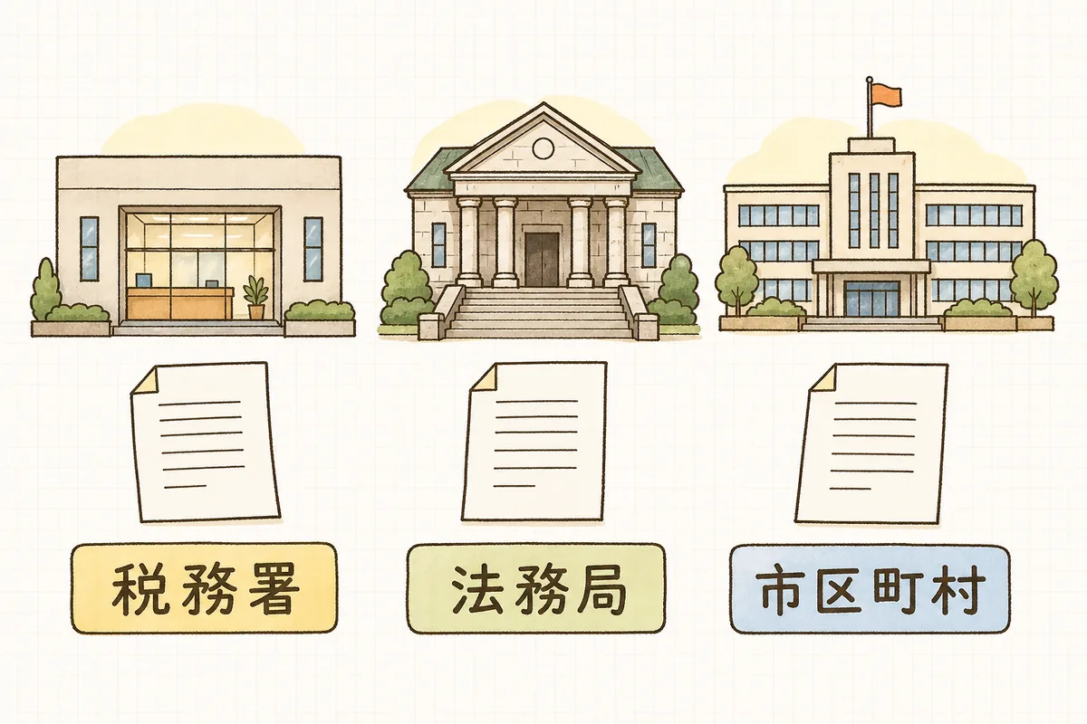 納税証明書は税務署、登記事項証明書は法務局、住民票は市区町村と、書類の取得先が3か所に分かれることを示した図