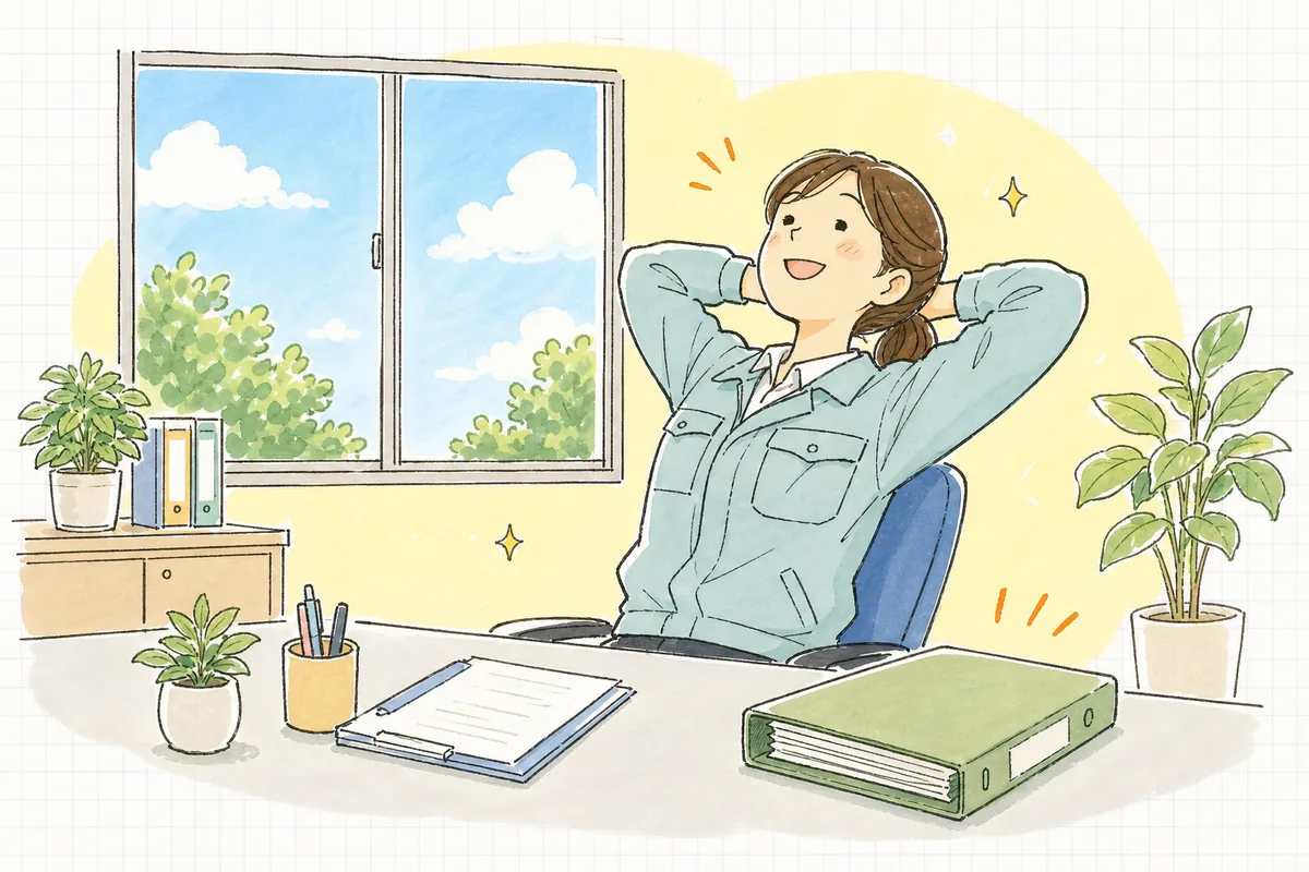 申請の控えを整え、窓の外の晴れた空を見上げてほっと一息つく産廃の事務担当者