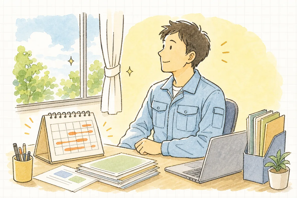 更新の準備予定を書き込んだカレンダーを前に、事務所の窓辺で穏やかに一息つく産廃の実務担当者