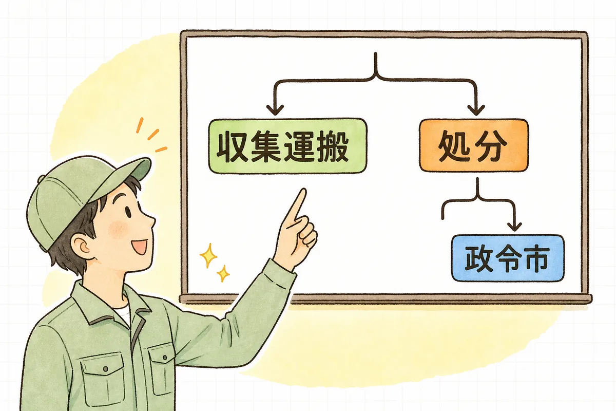 収集運搬は県へ、処分と積替え保管は施設のある政令市か県へと、申請先が二手に分かれる流れを指し示す現場担当者
