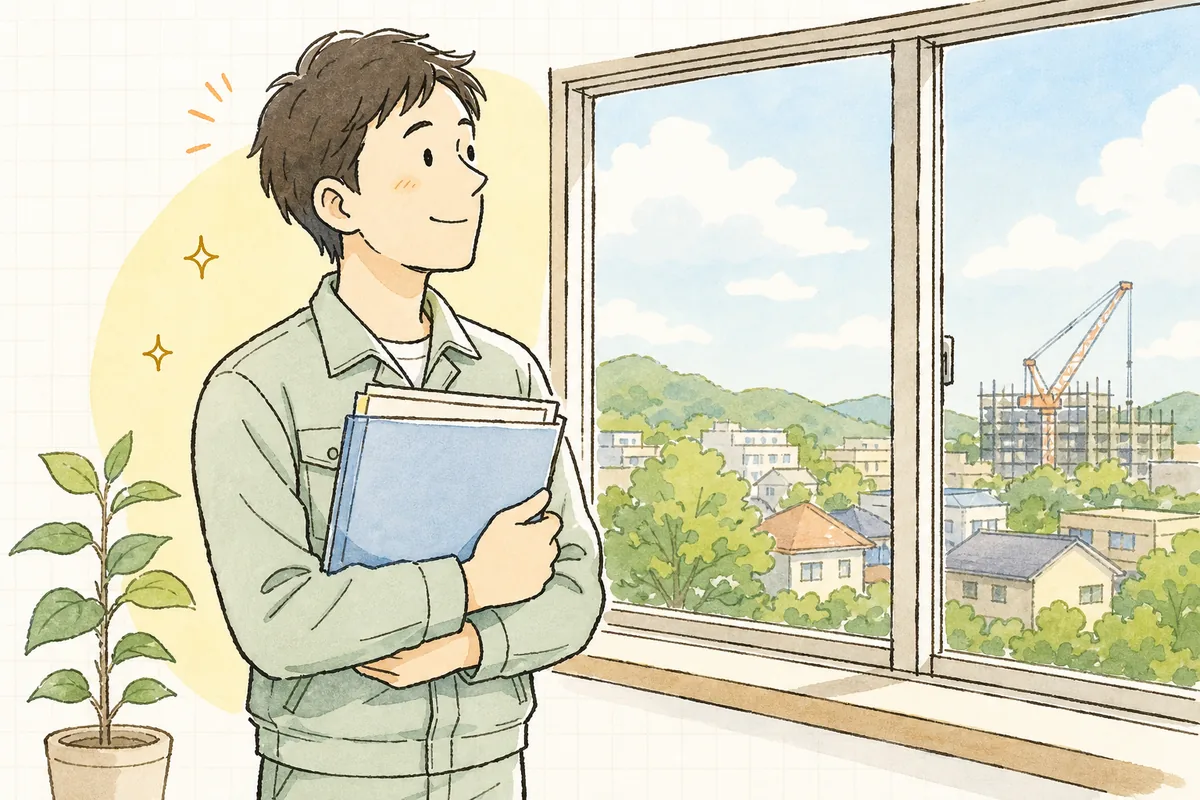 申請先を確かめ終えて、書類を手に窓辺で穏やかに一息つく産廃の現場担当者