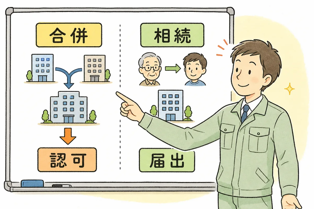 合併は事前の認可、相続はあとからの届出という手続きの分かれ目を、二列の図で確かめている作業着姿の担当者