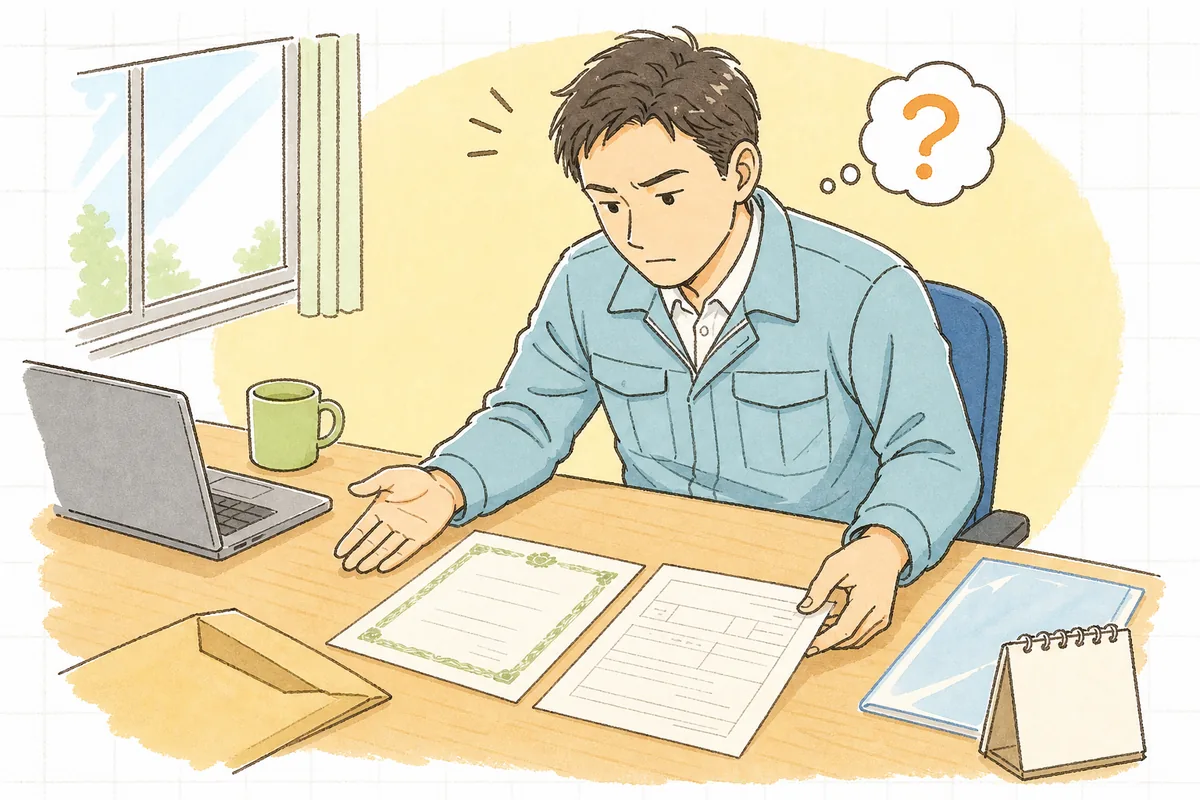 事務所の机に登記関係の書類と産廃の許可証を並べ、会社の形が変わるときの手続きを考えている作業着姿の担当者