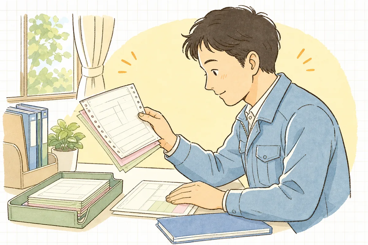 返送されてきた紙マニフェストの控えを一枚ずつ確かめる排出事業者の担当者