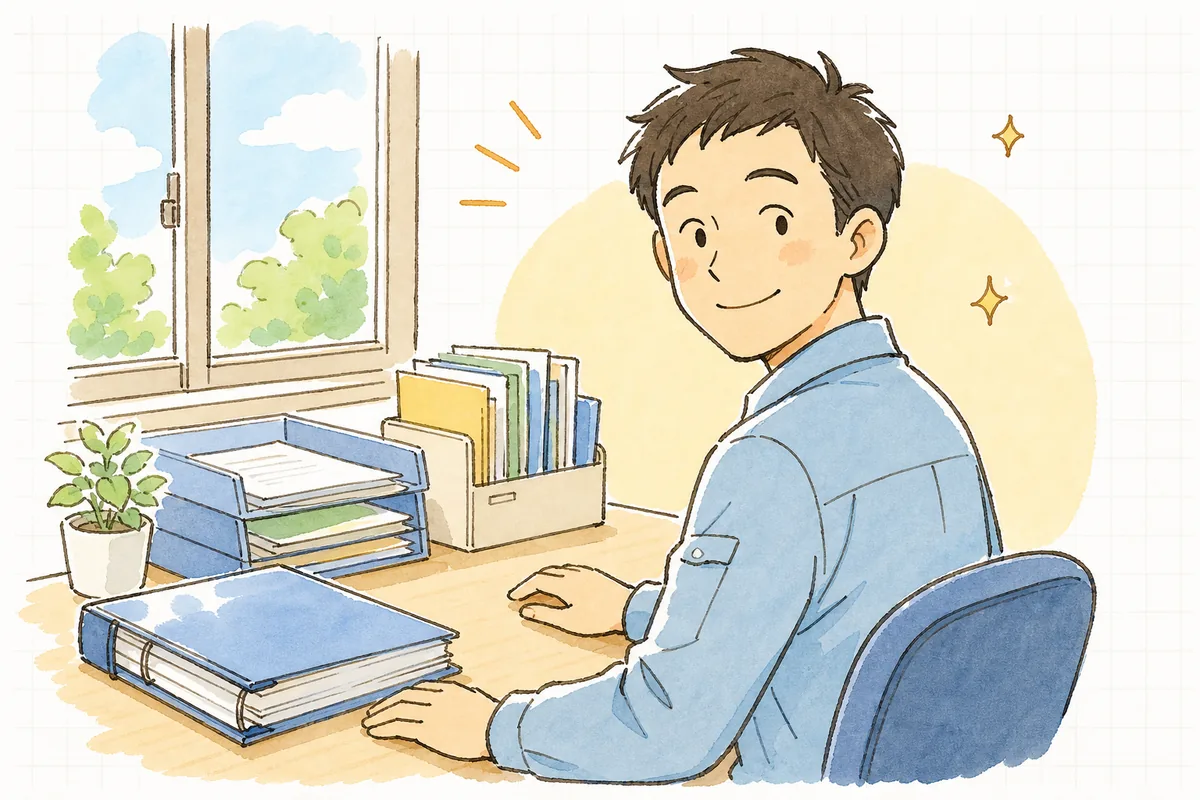確認を終えた伝票をファイルに綴じ、肩の力が抜けて穏やかな表情を見せる排出事業者の担当者