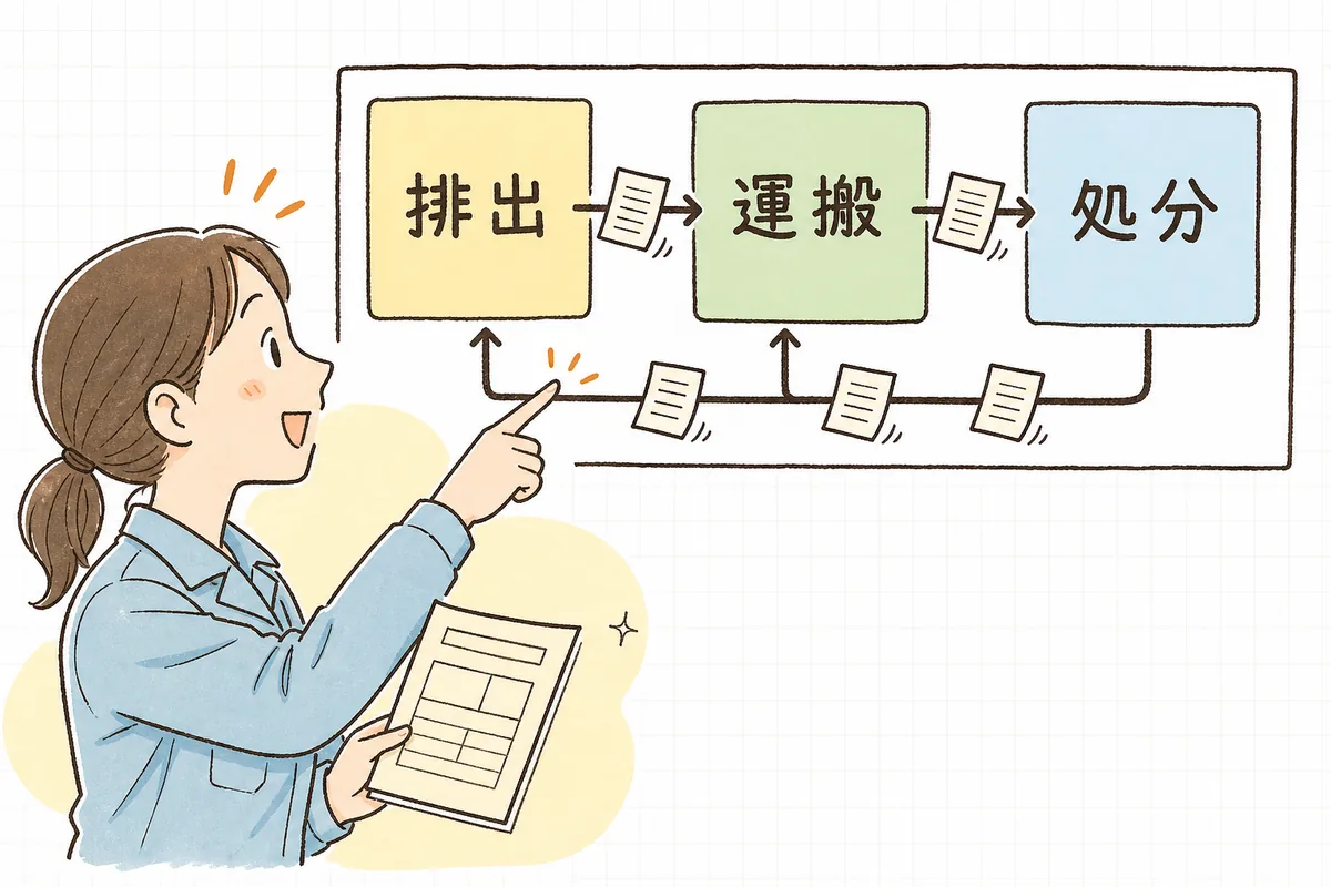 排出・運搬・処分の3つの場所の間をA票からE票が移動する流れを、矢印でたどる産廃の事務担当者