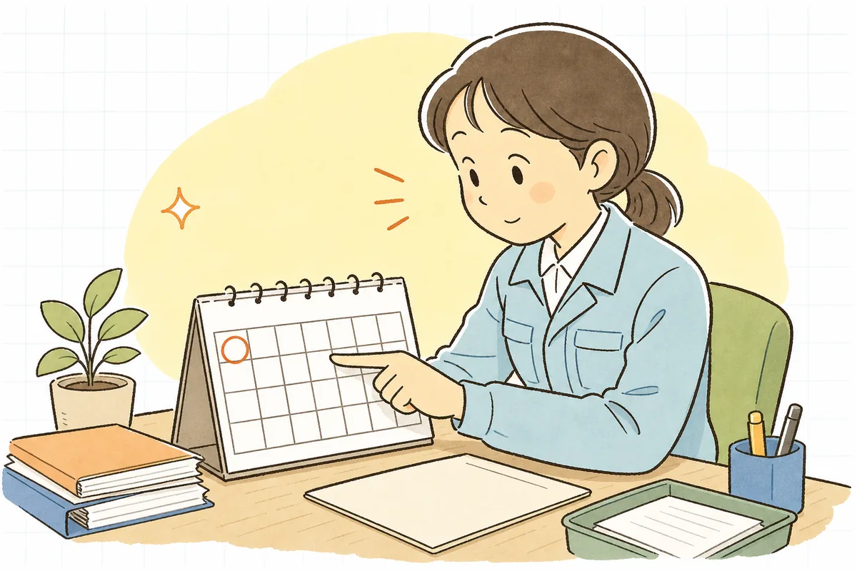 カレンダーの交付日に印をつけ、そこから日数を指でたどって返送期限を確かめる産廃の事務担当者