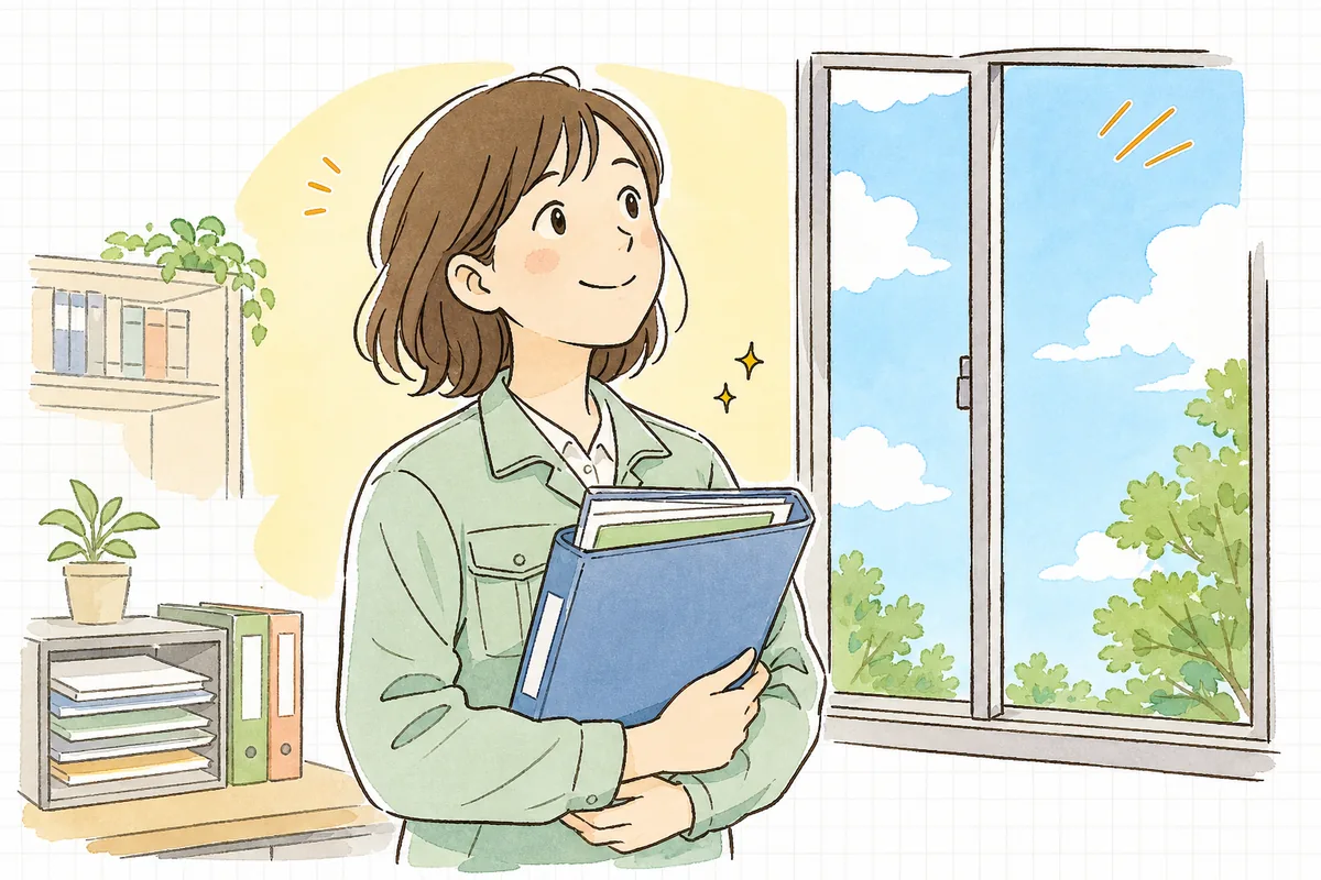 戻ってきた票を控えと一緒にファイルへとじ終え、窓辺で晴れた空を見上げてほっと一息つく産廃の事務担当者