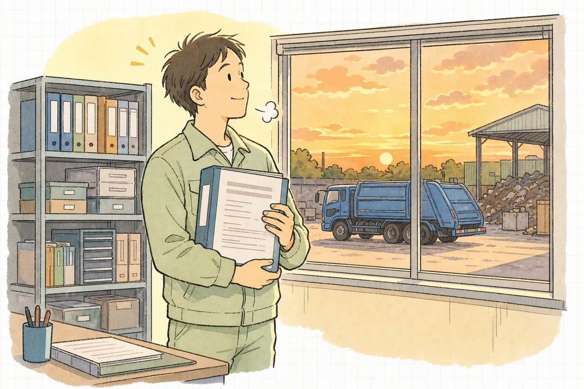 経緯書を挟み終えたファイルを棚に戻し、窓の外の夕方の空を見て肩の力を抜いている産廃の実務担当者