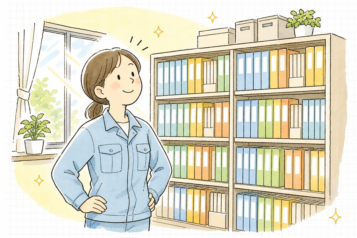 年度ごとに整然と並んだファイルの棚を前に、背表紙を見渡して落ち着いた表情を見せる産廃の事務担当者