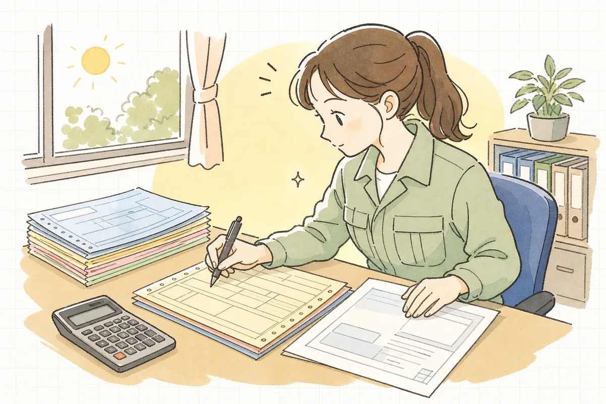 マニフェストの受託者欄と許可証を見比べ、名称や番号が合っているか確かめる産廃の事務担当者